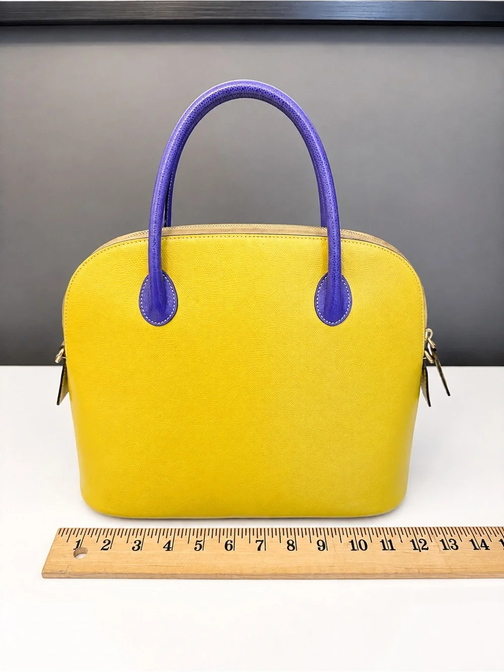 Vtg Celine Bicolor Dome Shell Chartreuse Yellow Purple Handles Crossbody Satchel